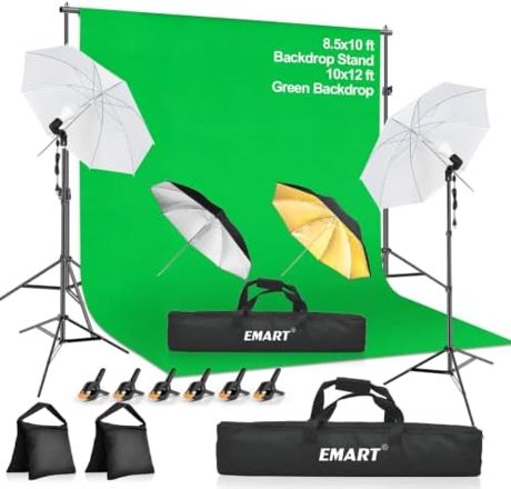 EMART 8.5x10 FT Green Screen Backdrop Kit with Umbrella Lights for Studio